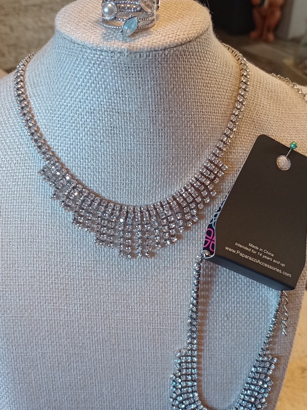 Paparazzi Silver Rhinestone Fringe Choker Necklace, Anklet, Ring Fashion Fix Set